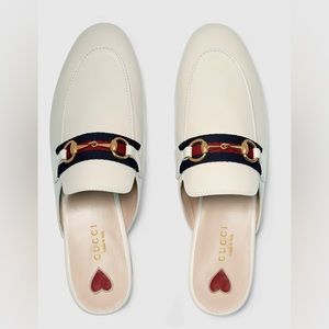 NEW Gucci Princetown White Leather Slipper Mules Loafers Horsebit Web Stripe 8.5
